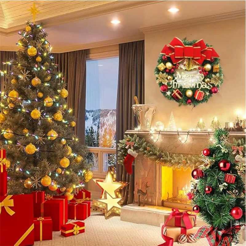 Christmas Wreath Front Door Hanging Ornaments Artificial Wreath Bell Gift Box Bow Stars for Christmas Tree Home Windows DecorM251115