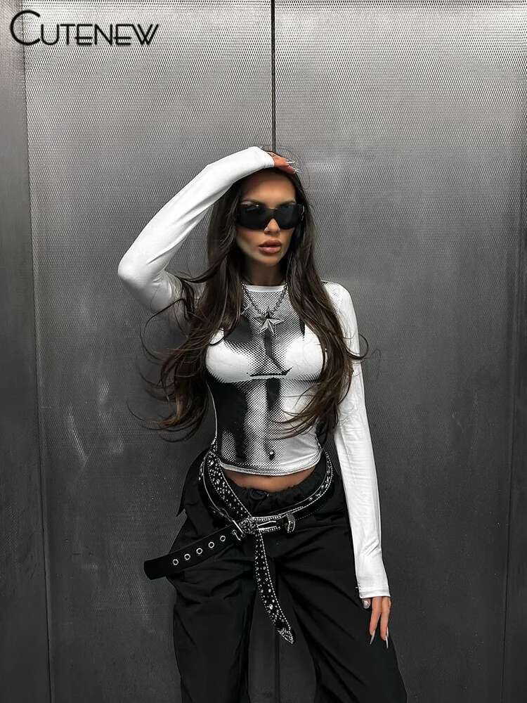 Cutenew Women's Body Printed Tops Long Sleeve Slim Round Neck Shirt Casual 2023 Spring New Lady Female Fashion High Streetwear