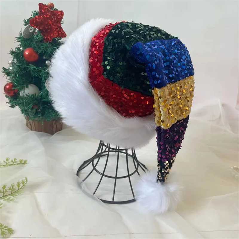 New Christmas Hat Color Full Glitter Plush Double-Layer Hat 3147cm Spliced Decorative Hat Y251115