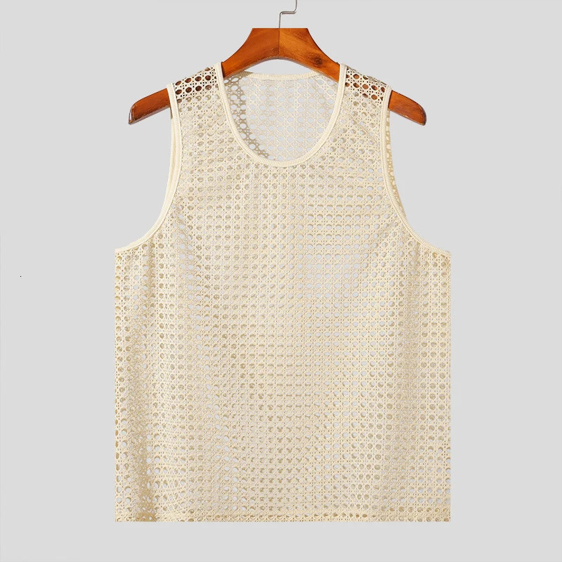 2025 Summer Casual Sleeveless Knit T Shirts Mens Vintage Solid Color Hollow Out Knitted Tank Tops Men Sexy Transparent Camisoles 250415
