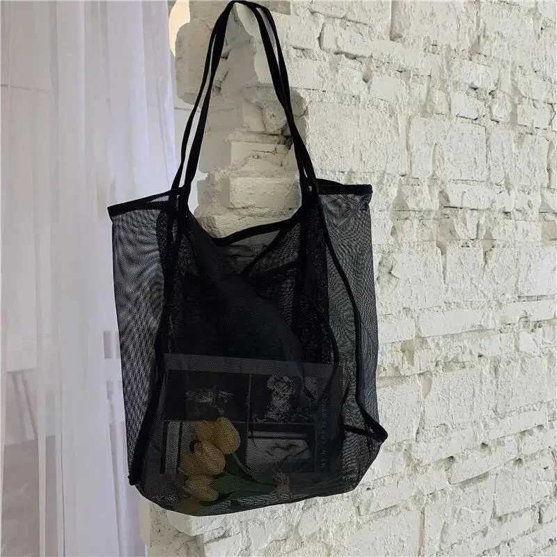 Summer Mesh Handbag Womens Large Capacity Shoulder Bag Transparent Beach Bag Canvas Shopping Stray Bag Womens Handbag W250415