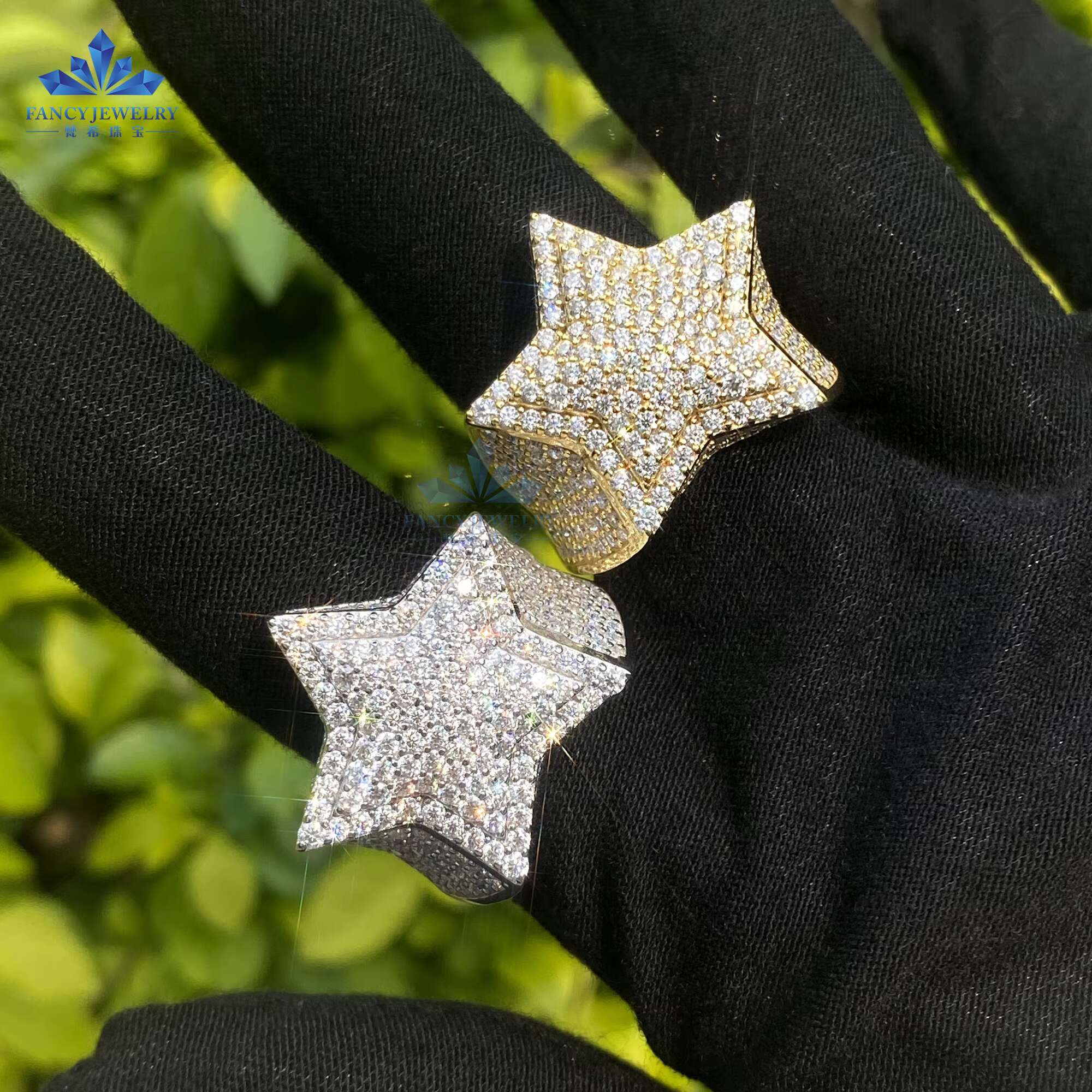 In Stock Hip Hop Men Ring Iced Out Small Size Diamond 925S White and Yellow Color Hollow Back Cuban Ring Moissanite