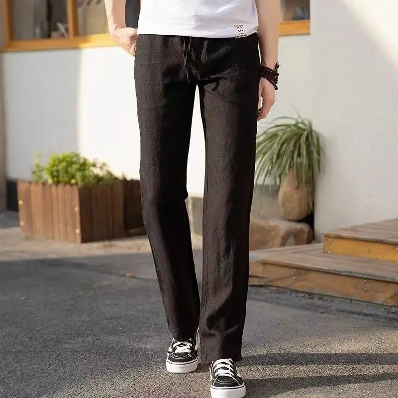 Retro mens pleated cotton linen casual pants drawstring side zipper elastic waist comfortable and breathable beach straight 250407