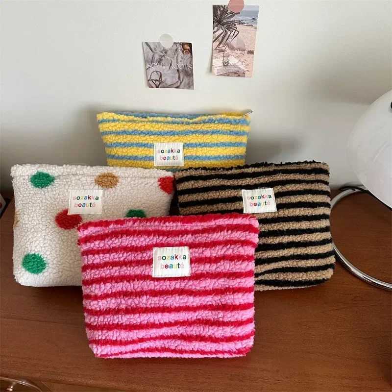 New color striped dot plush makeup bag large capacity makeup bag toilet bag travel outdoor makeup storageXJ250415