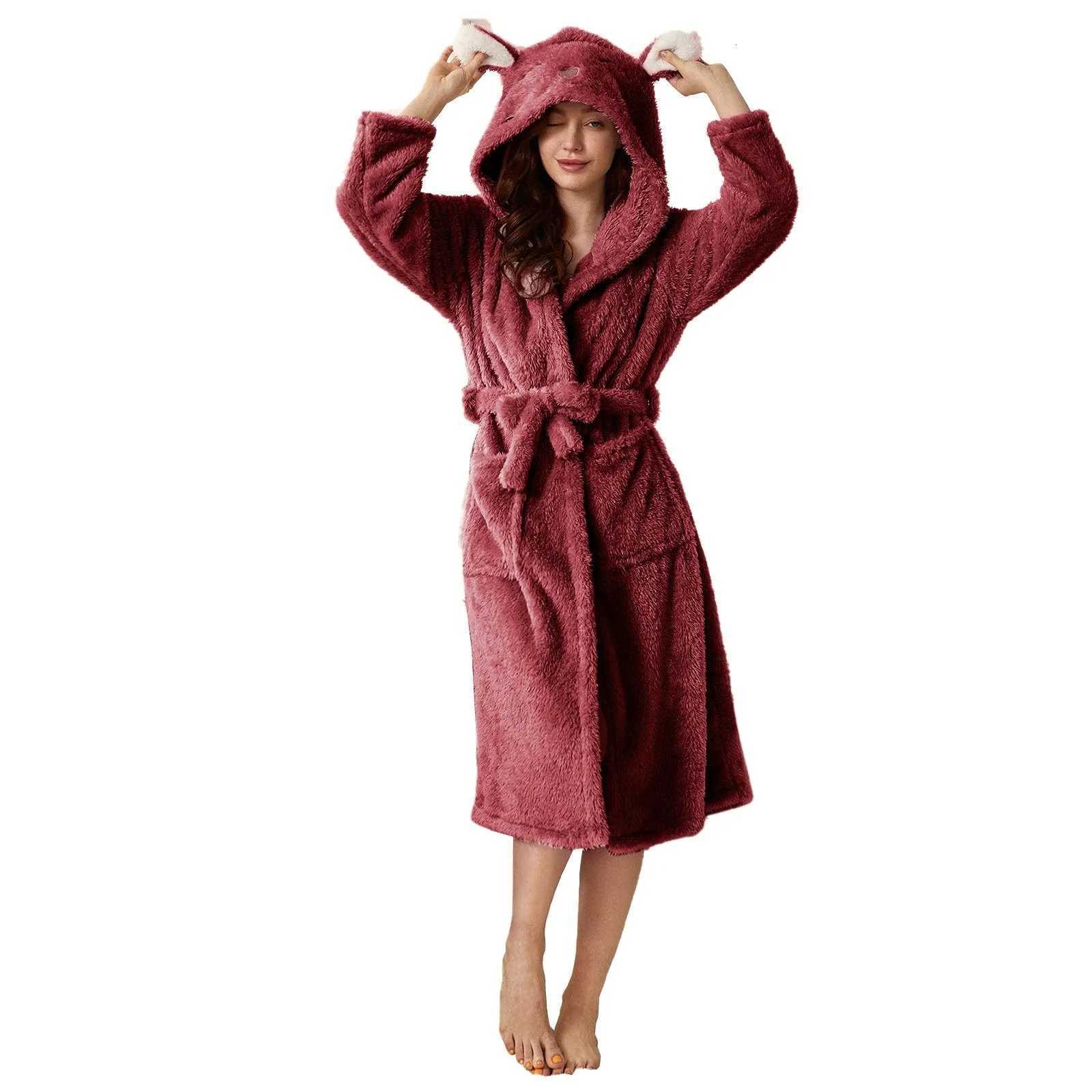 Women Winter Plush Night Robe Minimst Solid Color With Rabbit Shaped Hooded Bring You Cozy Comfortable Thermal Experience C251115