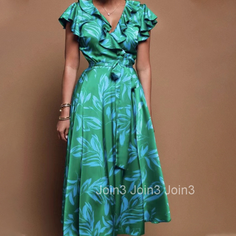 2025 Spring New Trendy Womens Style Printed V-neck Bubble Sleeves Leaf Fold Waist Split Dress