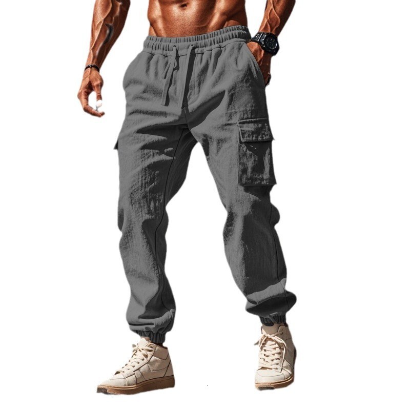 Workwear casual plus size multi pocket wide tube drawstring thin cotton and linen men's pants summer