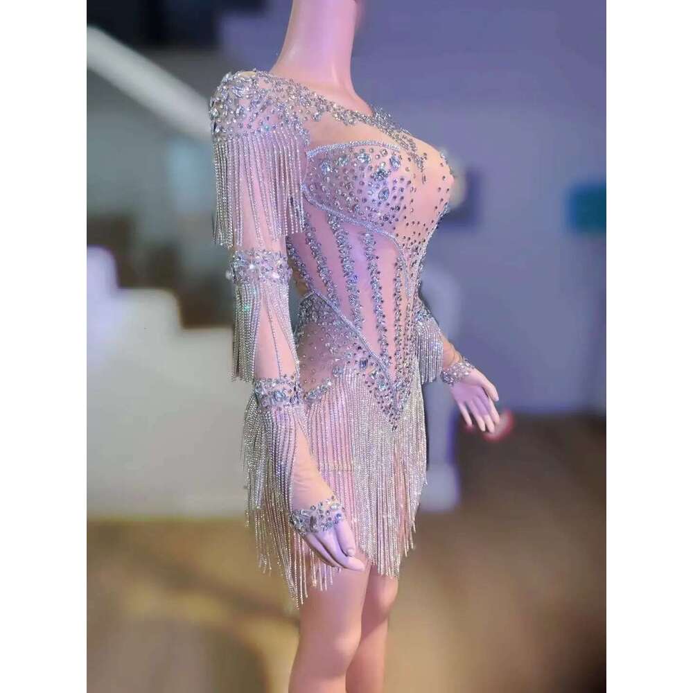 Women Sexy High Stretch Performance Dance Costume Nightclub Birthday Evening Party Wear Sparkly Rhie Bodysuit Stage Outfit