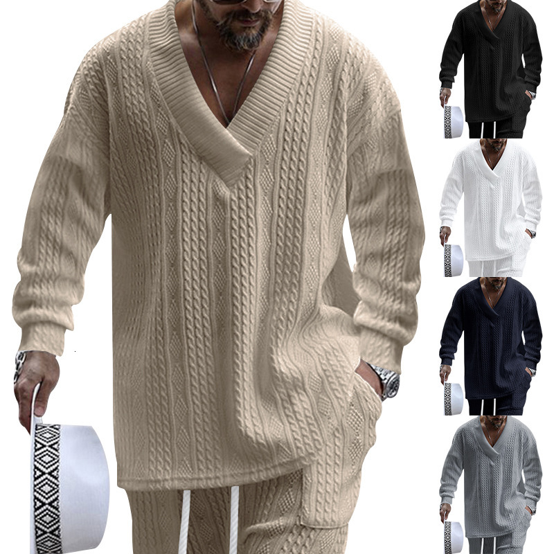 2025 Autumn/Winter New Men's Jacquard Loose Solid Color Casual V-neck Long Sleeve Knitted Shirt