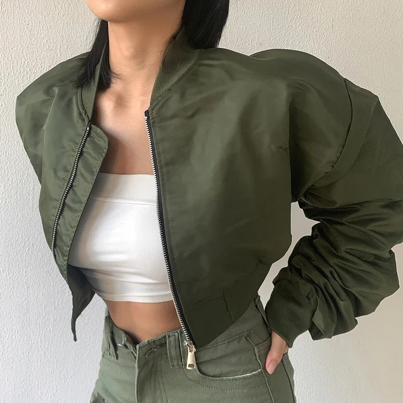 High waisted cut flight jacket for womens spring and autumn long sleeved folding zipper jacket casual loose bomber jacket 250410