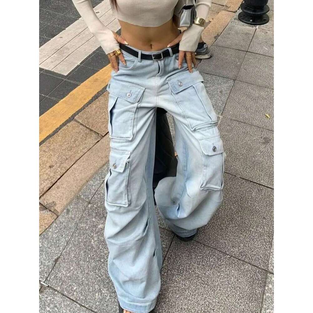 Women Haruku Y2k Streetwear Jeans American Style Retro Multi-Pocket Straight Cargo Pants Trend Mid-Waist Casual Blue Trousers