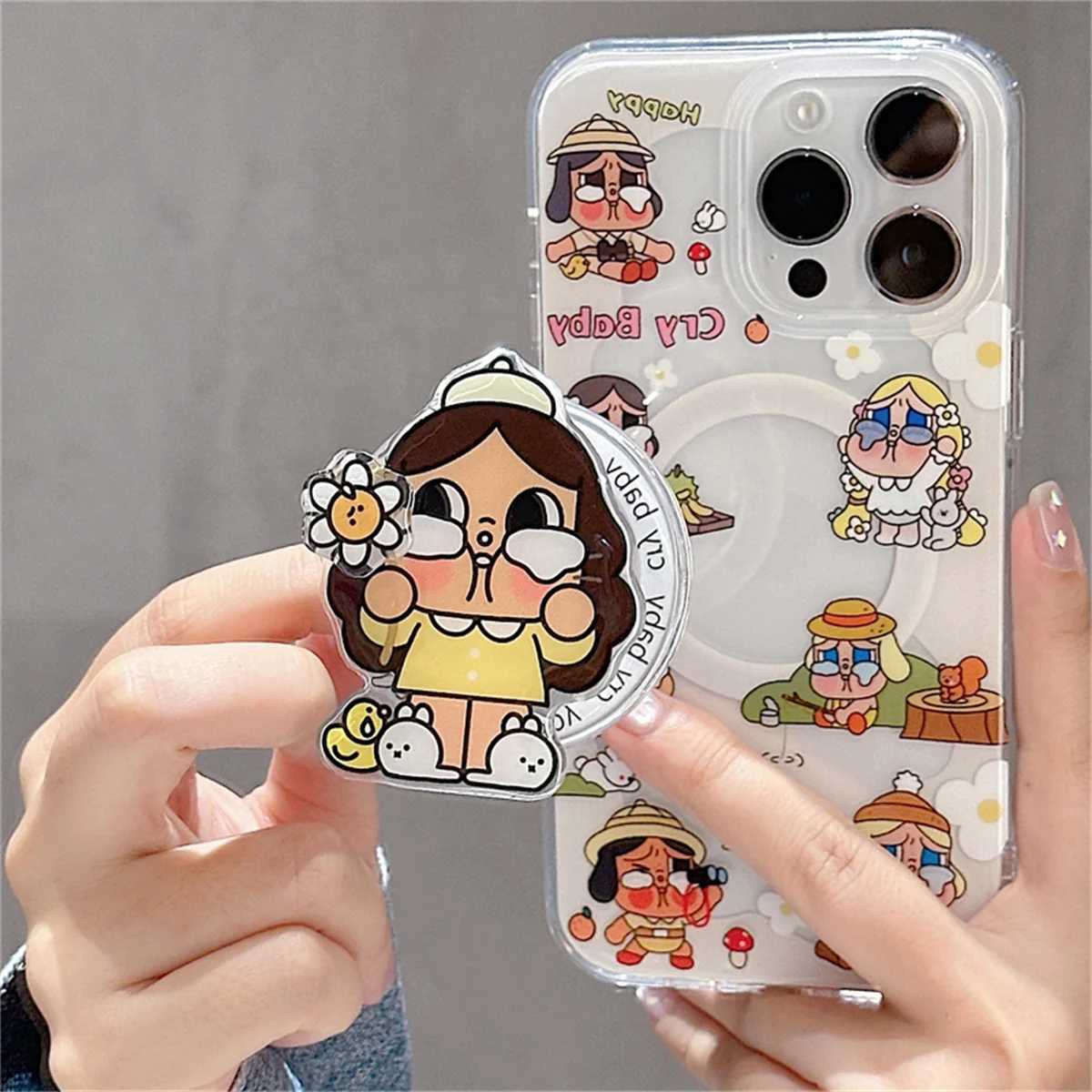 Kawaii Cartoon Cry Girl Magnetic Phone Case For iPhone 16 Pro 15 14 13 Pro Max Cover with Stand Holder Shockproof Protective Cas J251202