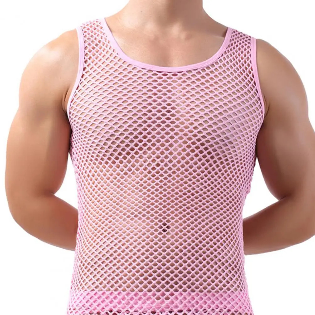 Fishnet Men Sexy Mesh Tank Tops Transparent Sleep Tops Male Underwear Pure Color Vest Sleeveless Tops Underwear Male Undershirt 250415