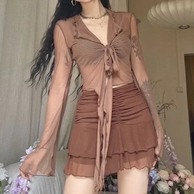 Long Flare Sleeve Blouses for Women Lace-up Mesh Sexy Sweet Girls Korean Fashion Style All-match Solid Elegant Casual 250415