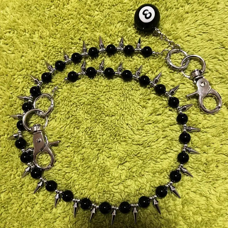 Original handmade denim pants chain exquisite high-end ultra bright black agate stone punk style keychain pendant 250414