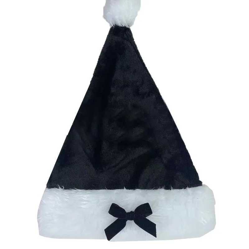New Arrival Black Plush Folded-edge Christmas Hat with Cute Bow-knot Ideal Winter Accessory for Girls and Women Y251115