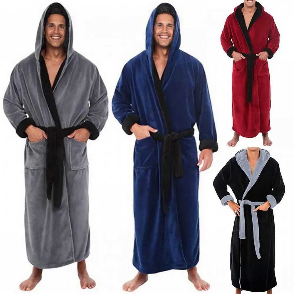 Belt Flannel Bath Robe for Men Hooded Pockets Warm Men Nightgown Men Plush Bathrobe Sleepwear Home Clothes Loose Pajamas Robe C251115