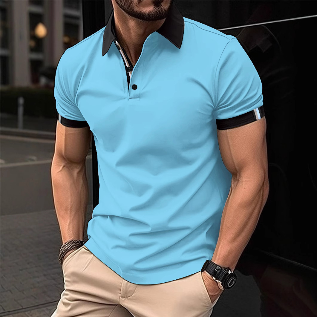 New Summer Mens Casual Collar Button Business Polo Shirt Solid Color Short Sleeve T-shirt