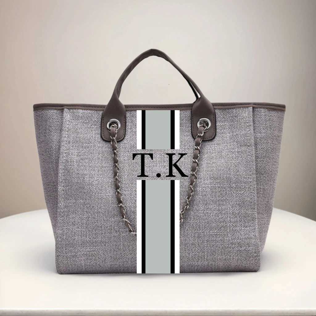 Personalized Monogram Tote Bag Customised Chain Handbag White Stripe Initials Beach Holiday Canvas Tote Womens BagW251115