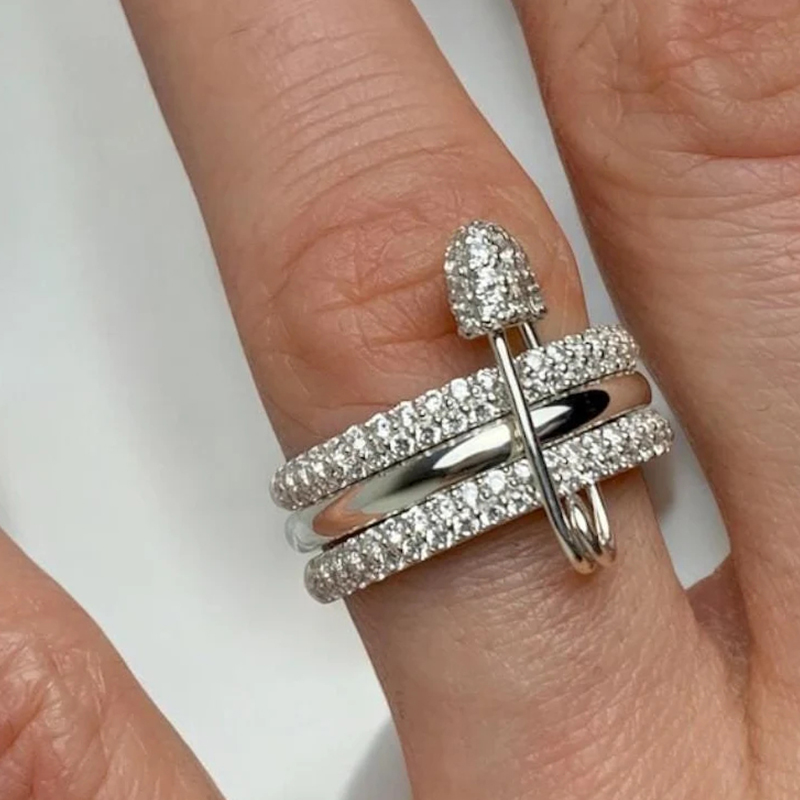 Designer Jewellery High Quality Non Tarnish Triple Connector Cubic Zirconia Safety Pin Ring for Women Men Textured Unisex Jewelry Gift Wedding Anniversary Party