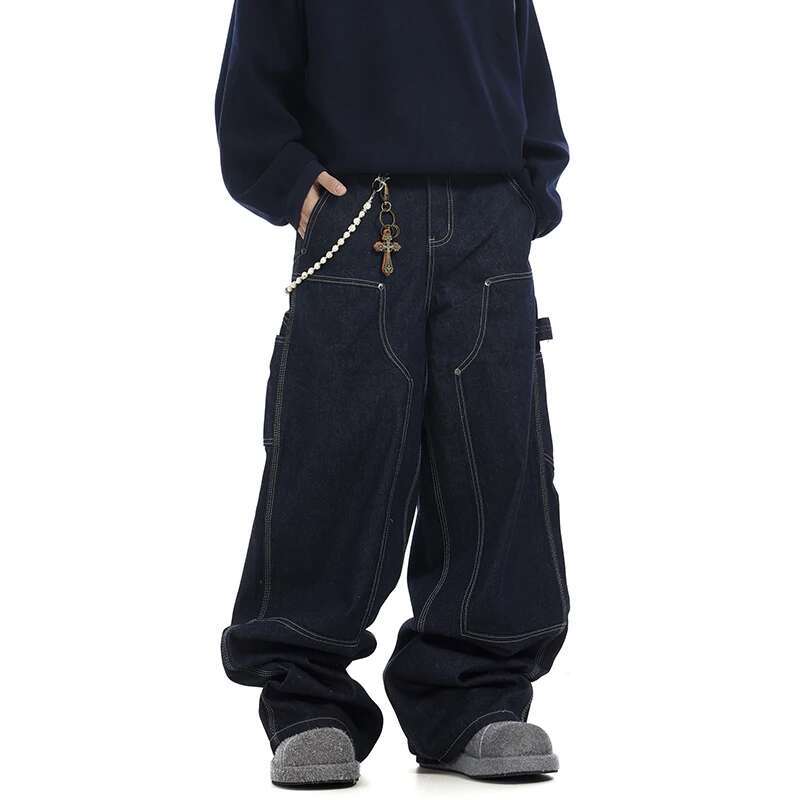 Niche Hip-Hop Dark Blue Denim Silhouette Baggy Jeans American Loose Wide-Legged Traig Pants Men's Trousers Tide 28W5905