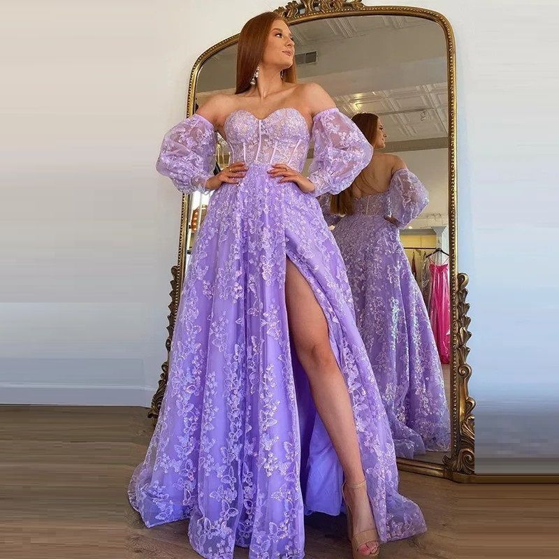 Sparkle Princess Lavender Prom Gowns Bustier Puff Sleeves Lace Long Evening Dresses 2025 Elegant Party Dress Custom Made 01
