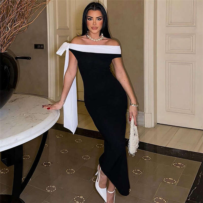 Women's Wear Spring New Women's Elegant Stylish One Shoulder Strap With Color Blocked Slimming And Slimming Dress