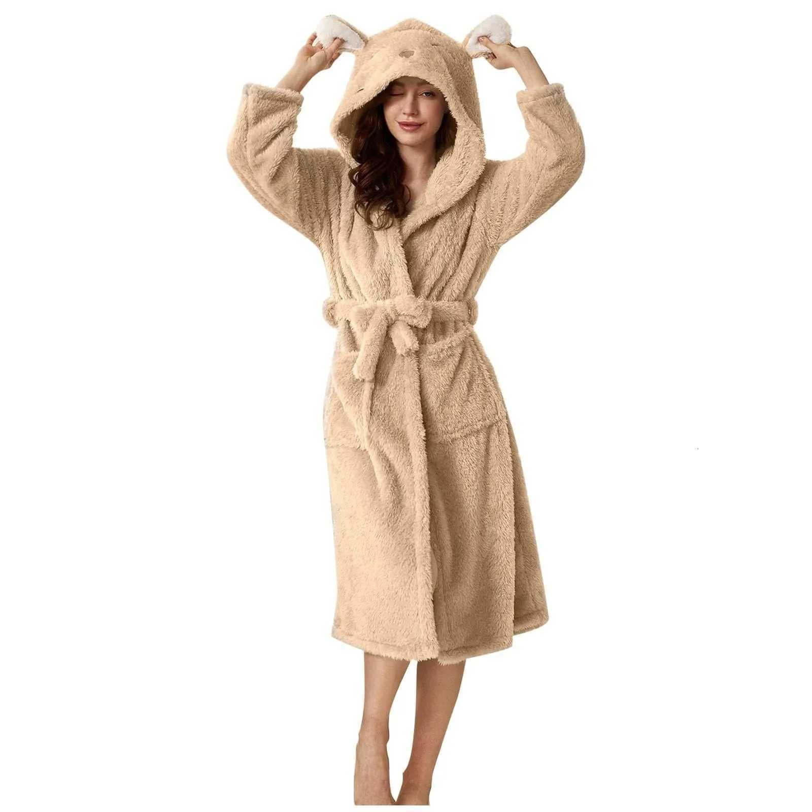 Winter Women Fleece Bath Robe Fluffy Plush Pyjamas Ladies Hooded Earflap Robe Solid Color Gown Warm Bathrobe Female loungewear C251115