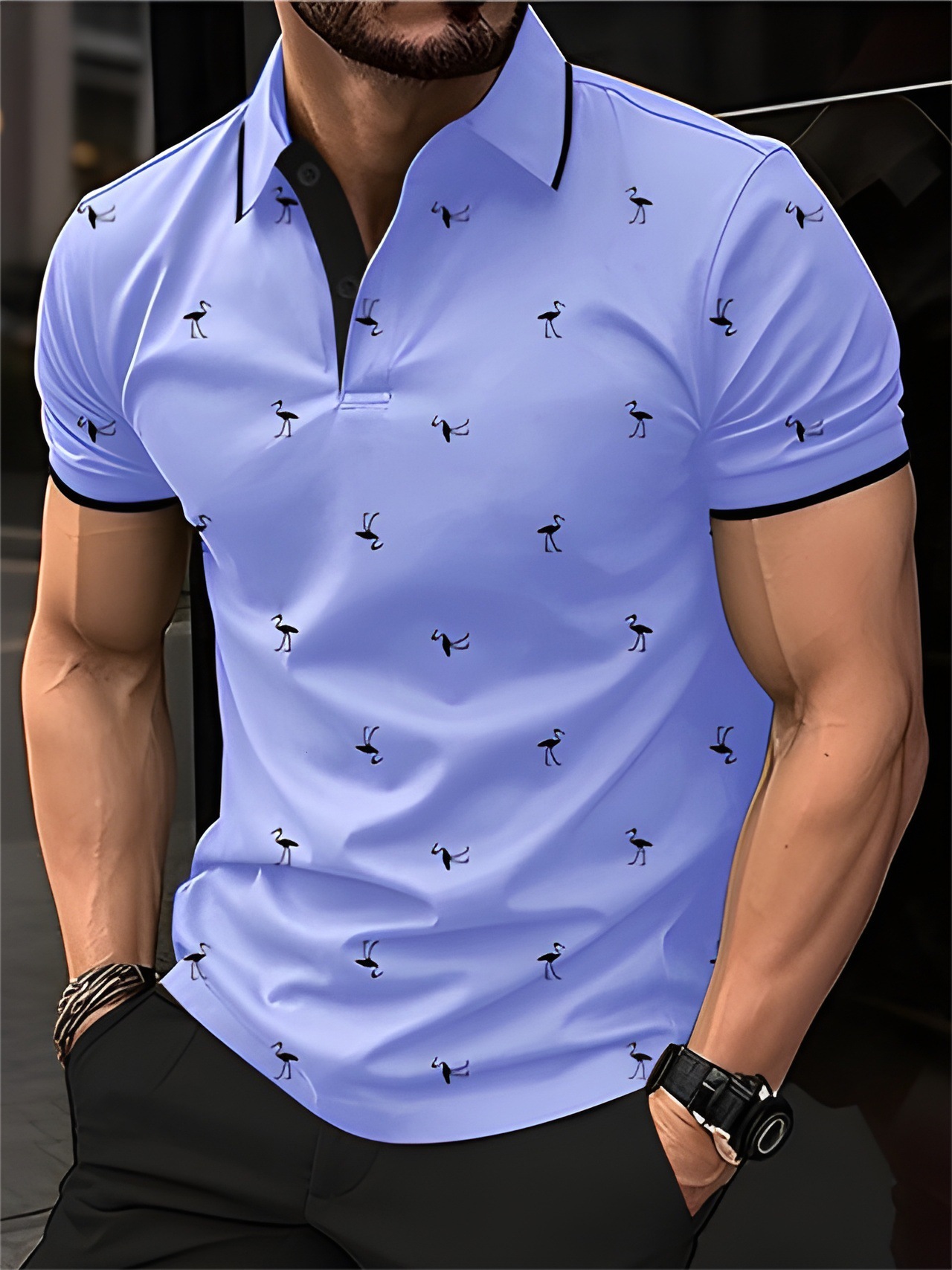 New mens lapel Polo flamingo short sleeved shirt with fashionable and personalized printed street style short sleeved top