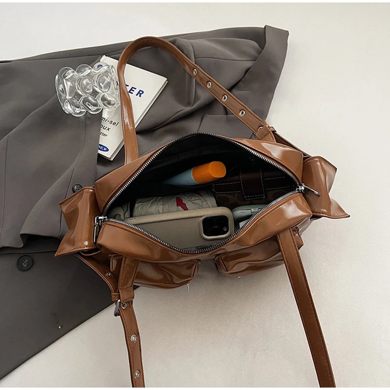 Korean style multi pocket shoulder bag underarm bowling bag niche womens pillow side pocket brown/pink/wine red handbag 250410