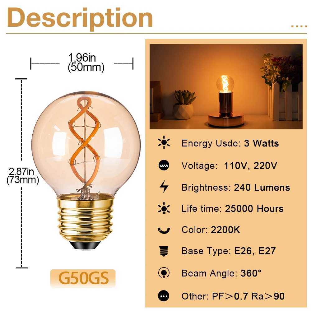 G50 Spiral Light Bulb 3W E26 E27 Edison Filament LED Bulbs 2200K E14 E12 Globe Replacement Bulbs for Chandelier Vanity Ceiling C251115
