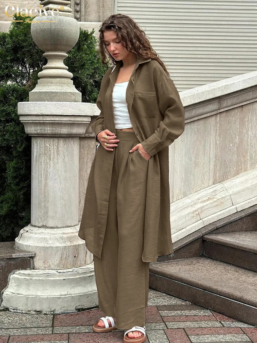 Clacive Fashion loose white 2-piece womens elegant long sleeved shirt high waist wide pants set womens clothing 250415