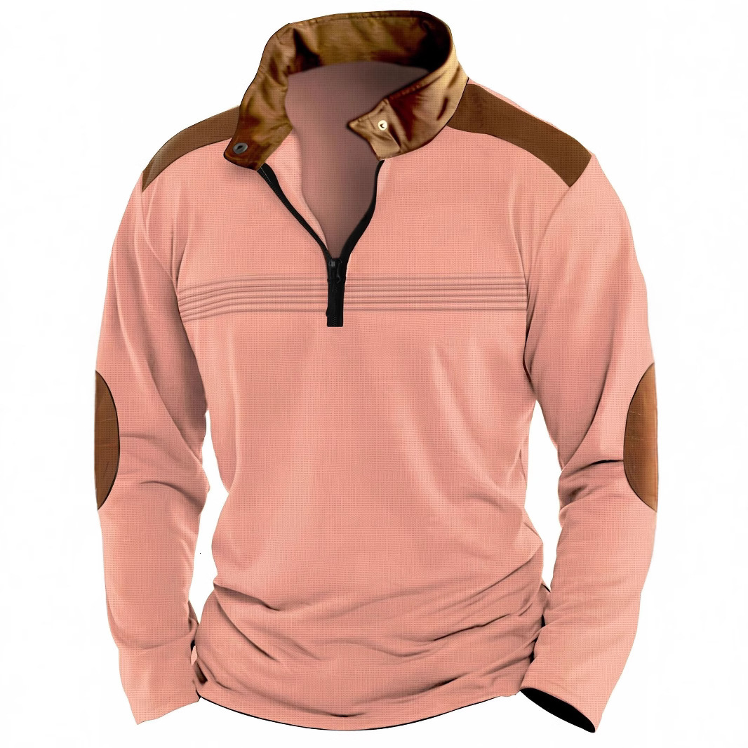 Ins new mens spliced polo shirt zipper long sleeved sports polo shirt