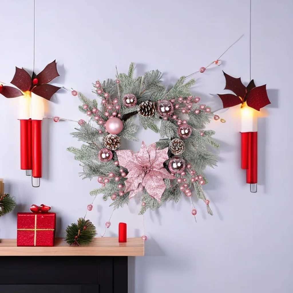 Hot Pink Christmas Wreath Decor with Balls Artificial Plant Rattan Garland Christmas Rattan Hanging Ornament for Home DecorM251115