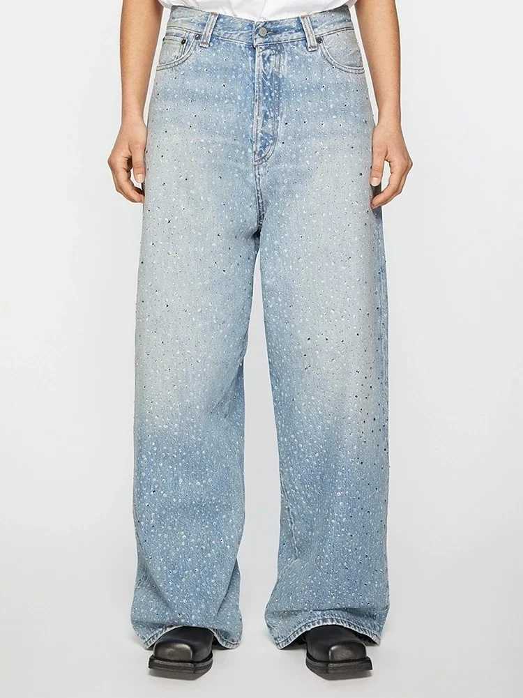 Full rhinestone print washed blue pocket jeans for men and women Ropa Hombre Strtwear solid casual denim Trouser loose cargo X250415