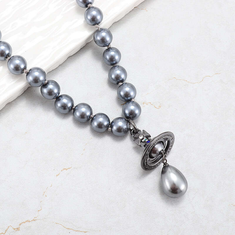 Empress Dowager Xi's Single Layer Gray Pearl Necklace With Three Dimensional Saturn UFO Water Droplet Pendant, Light And Clavicle Chain For Women