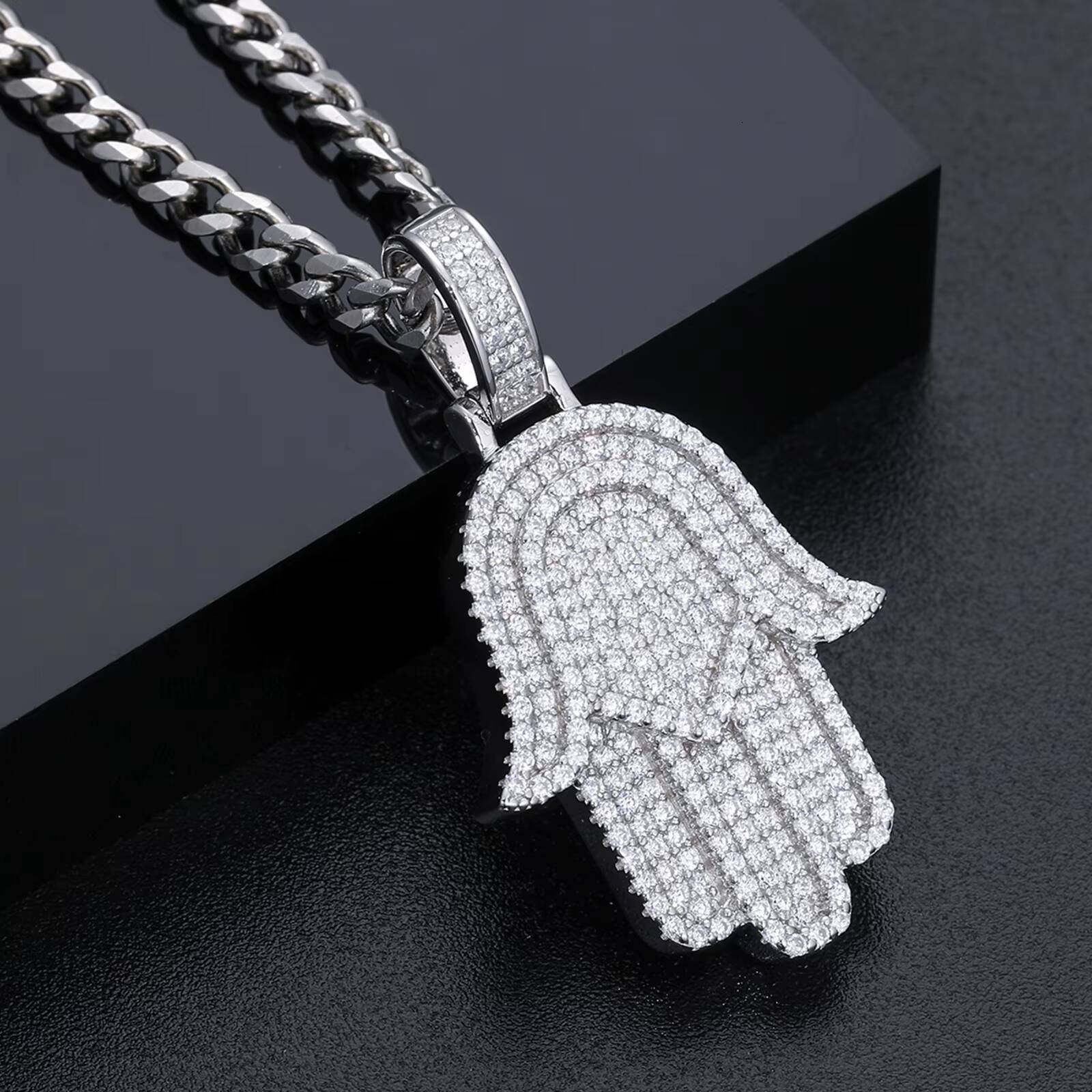 Bing Iced Out VVS Moissanite Stylish 925 Sterling Silver White Gold Plated Religious Hamsa Hand Pendant for Men