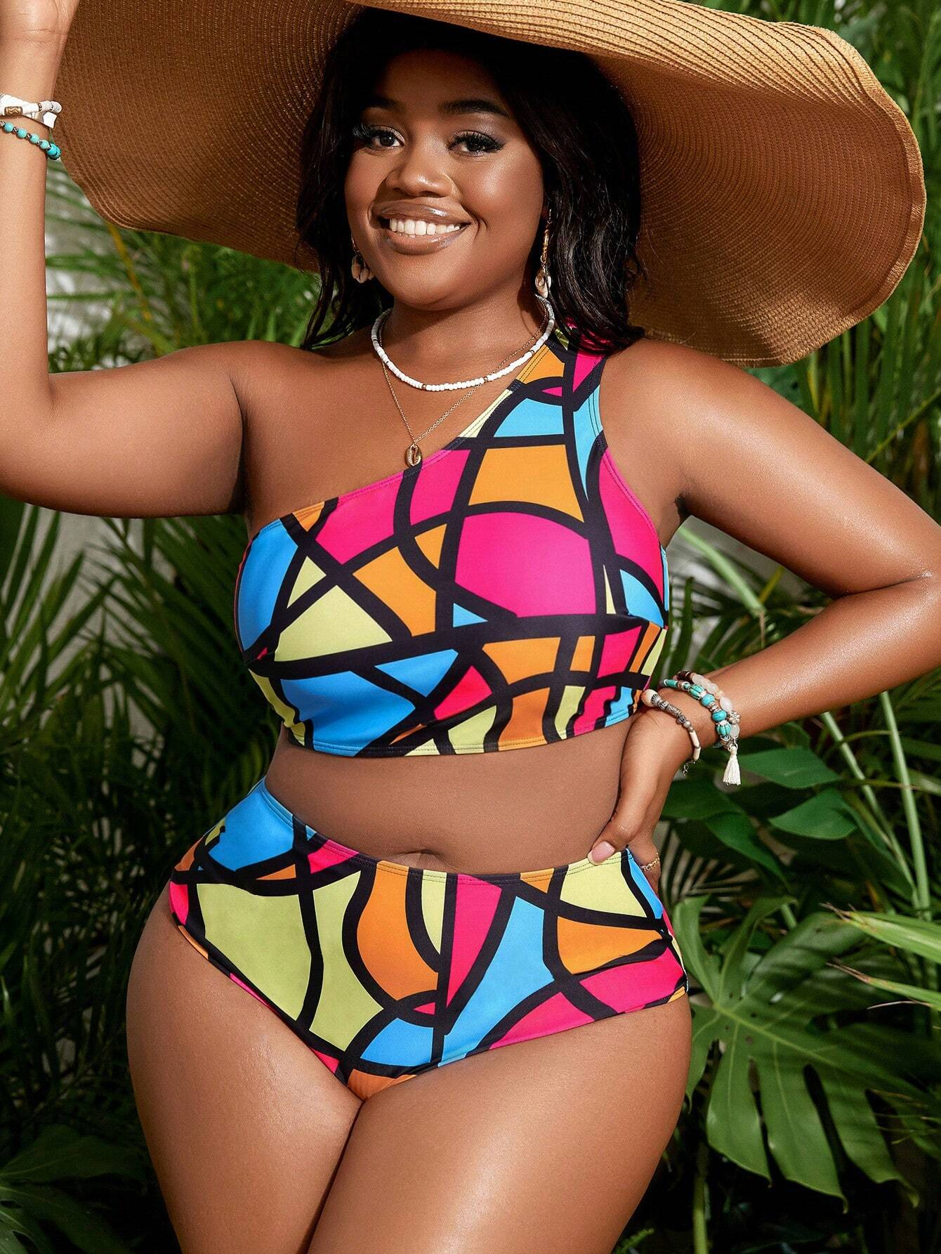 Two Piece Plus Size Swimsuit One Shoulder Geometric Print Bathing Suit Multicolor High Waist Bikini Set
