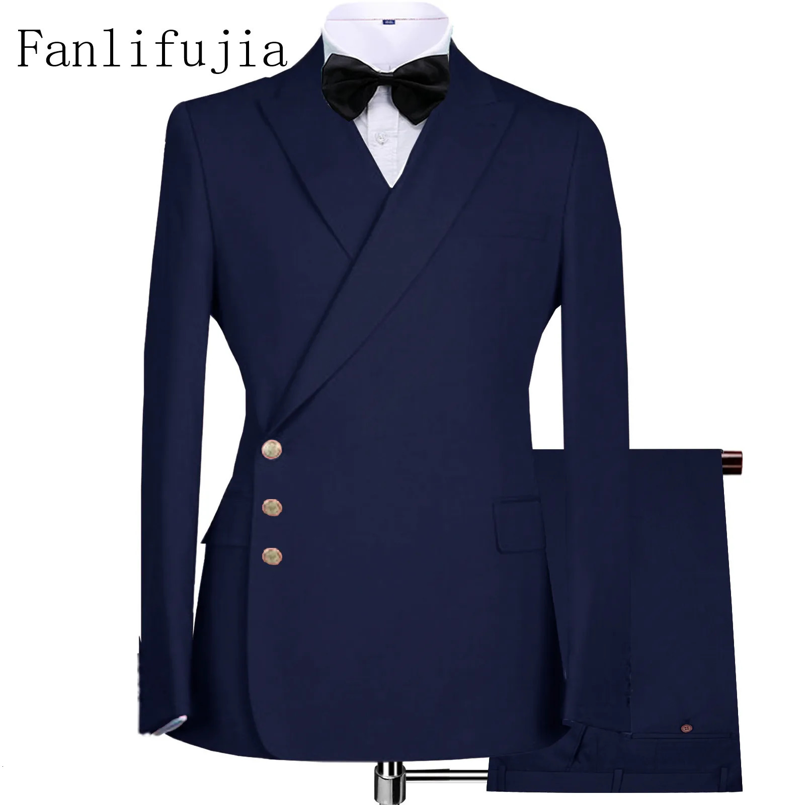 Fanlifujia ed Side Buttons Blazer Fashion Men Suits Navy Formal Costume Homme Italy Style Groom Wedding Tuxedos 250409