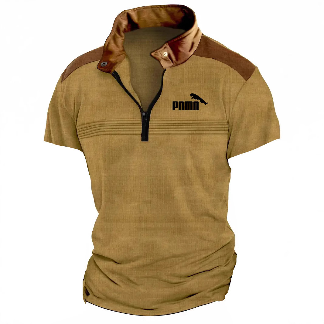 Summer Mens Polo Zipper Short Sleeve Fashion Splicing Chest Wrinkle Breathable Polo Shirt