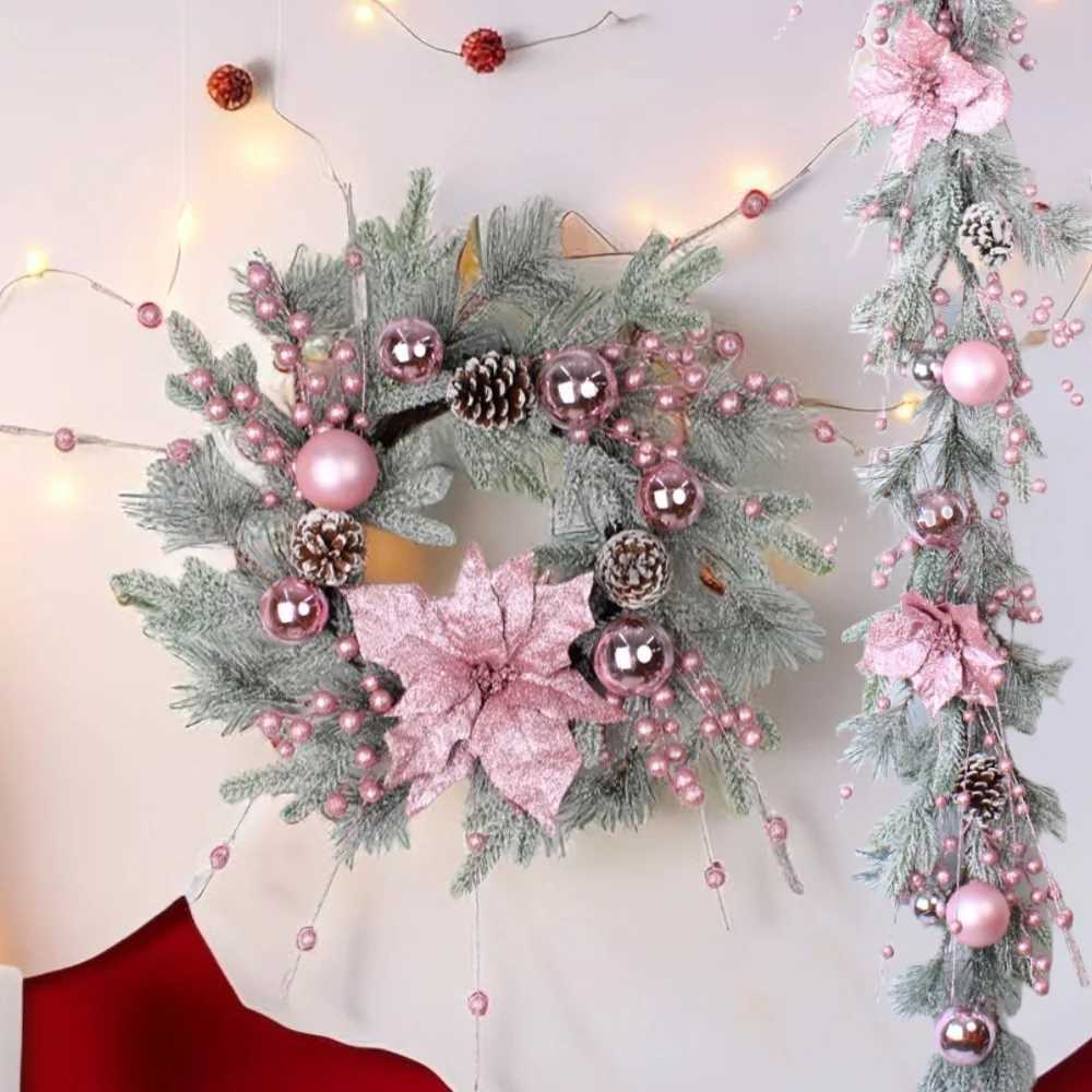Hot Pink Christmas Wreath Decor with Balls Artificial Plant Rattan Garland Christmas Rattan Hanging Ornament for Home DecorM251115