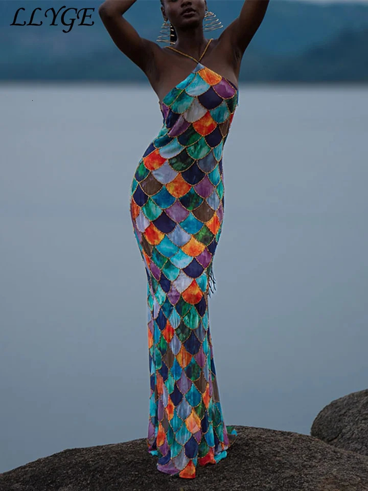 Sexy Print Long Halter Dress Women Sleeveless Backless Hip Package Female Party Dresses 2025 Spring Summer Lady Shiny Robes 250414