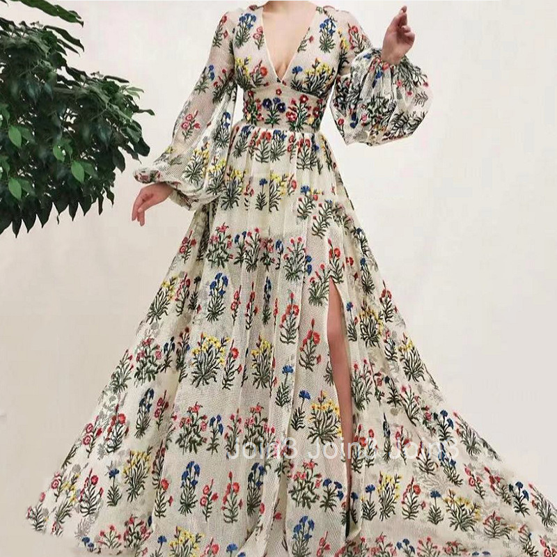2025 New Dress Bohemian Pattern Colorful Embroidered Sexy Loose Long Dress