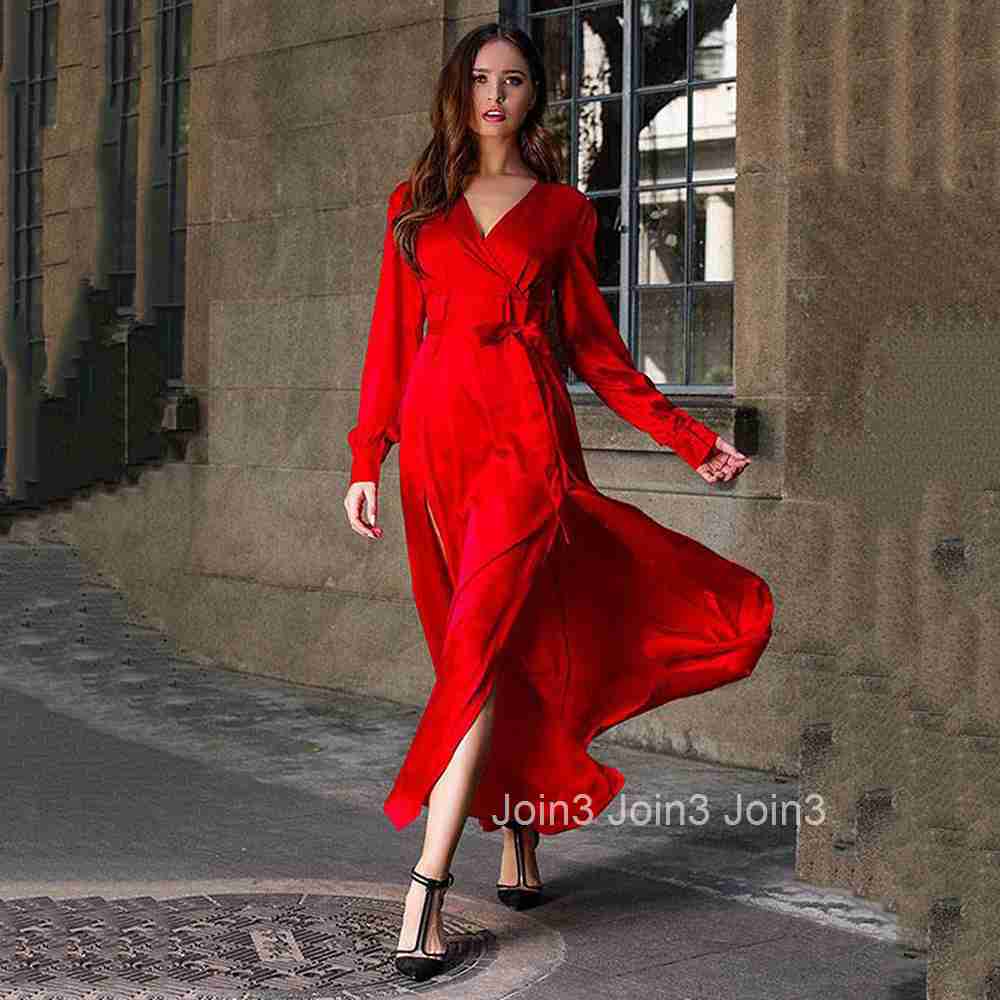 2025 New Womens Deep V-neck Splicing Split Long Dress Solid Color Fashion Yellow Dress