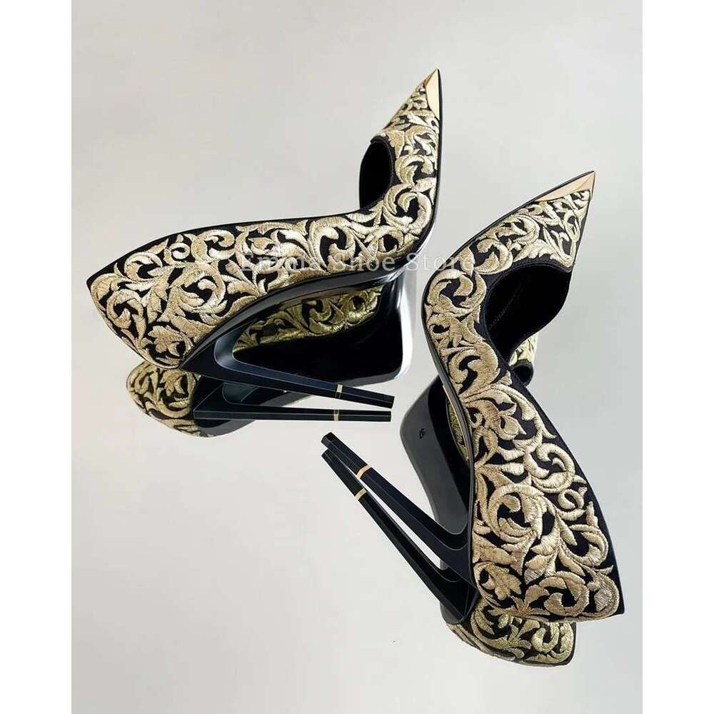 2024 Roman Embroidery Pointed Toe Stiletto High Heel Women's Pumps Gold Designer Versatile Dress Banquet Wedding Shoes