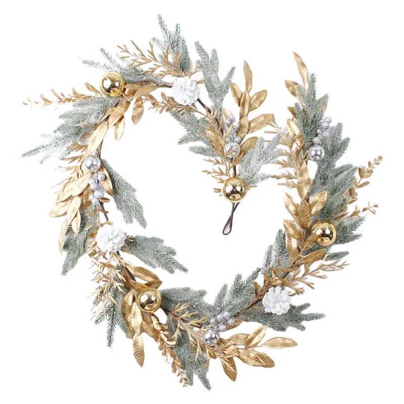 Christmas Wreath Pine Cones Snow Frost Pine Needles Golden Branches and Leaves Electroplated Ball Rattan Circle Door HangingM251115
