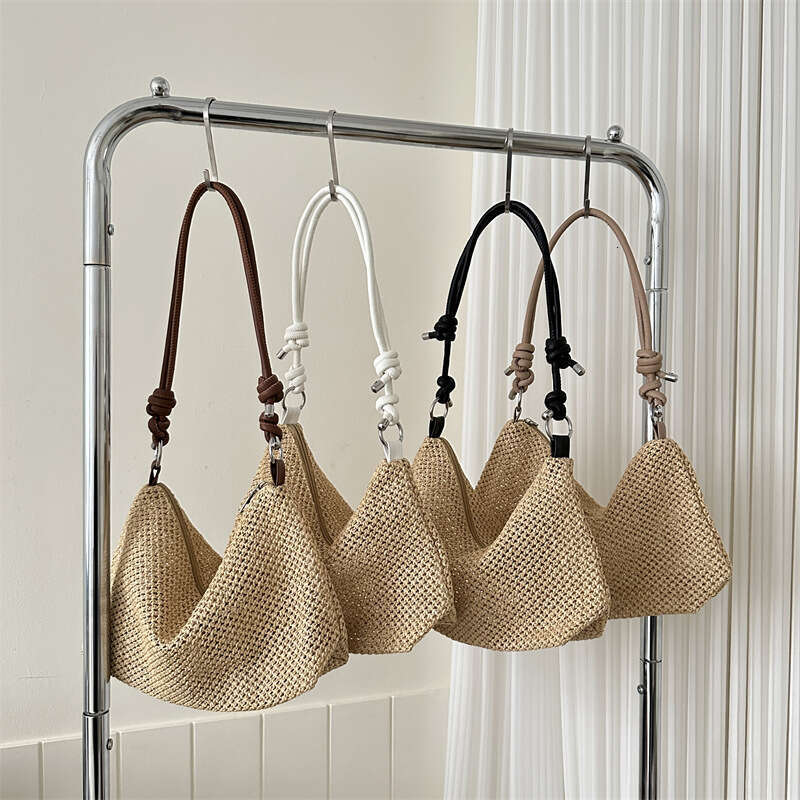 Handmade Beach Bag Single Shoulder Large Capacity Straw Woven Leisure Beach Bag, Vacation Ins, Contrasting Color Bucket, Handheld Commuting Women'