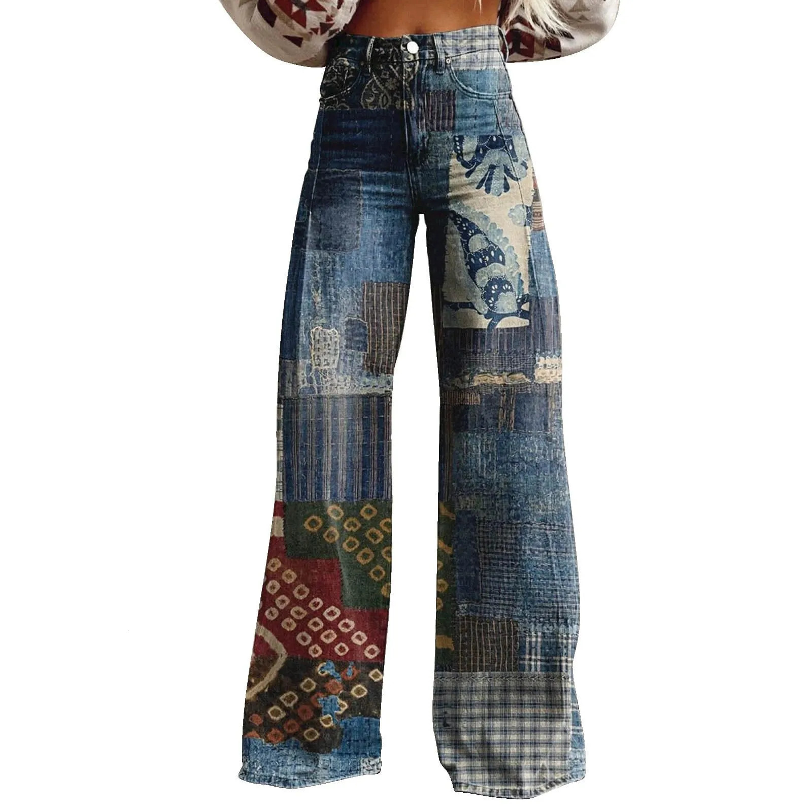 Womens wide leg Flare jeans with pockets retro floral print high waisted loose pants 250414