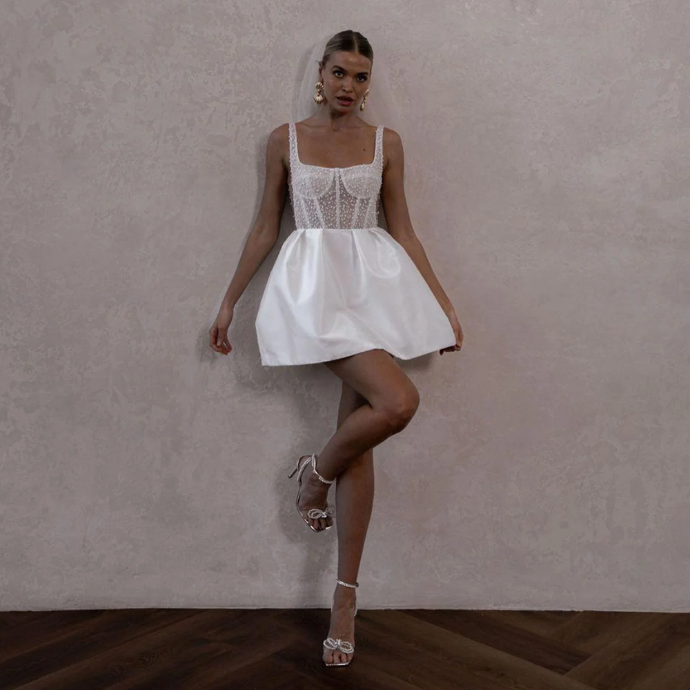 New Illusion Satin Mini Short Evening Dress 2025Spaghetti Backless Pearls Beaded Cutaway Sides Women Prom Formal Party Gowns Robe De Soiree