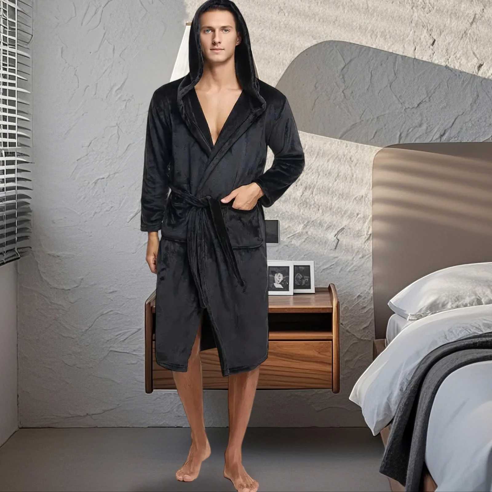 Mens Plush Fleece Hooded Robe Soft Warm Long Bathrobe with Pockets Cozy Spa Shower Robe C251115
